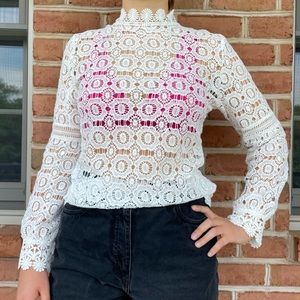 floral crochet top with mock neck